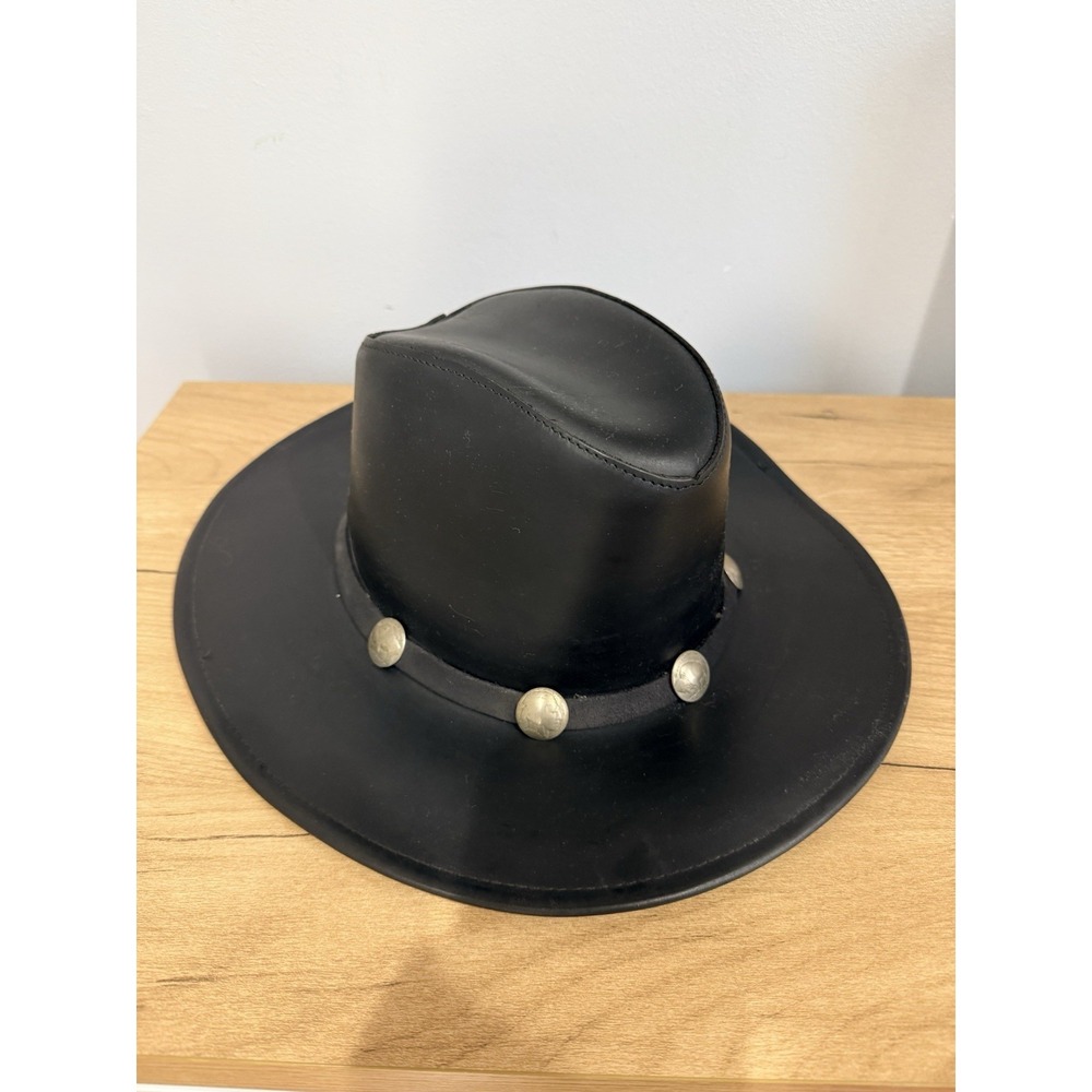 HENSCHEL HAT CO USA Black LEATHER COWBOY HAT Western Rodeo Sun Wide Brim MEDIUM